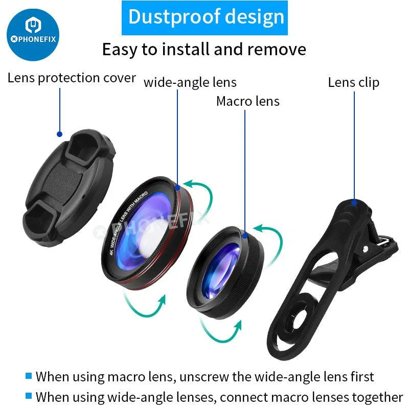 2 In 1 4K HD Wide-angle Macro Lens with LED Lamp for Phone Camera