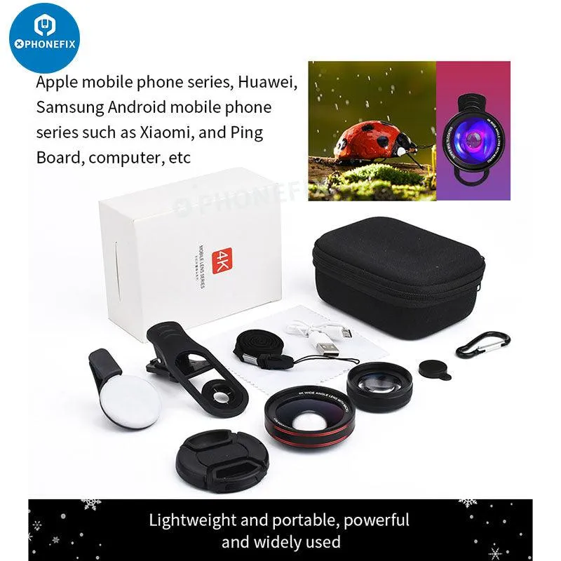 2 In 1 4K HD Wide-angle Macro Lens with LED Lamp for Phone Camera