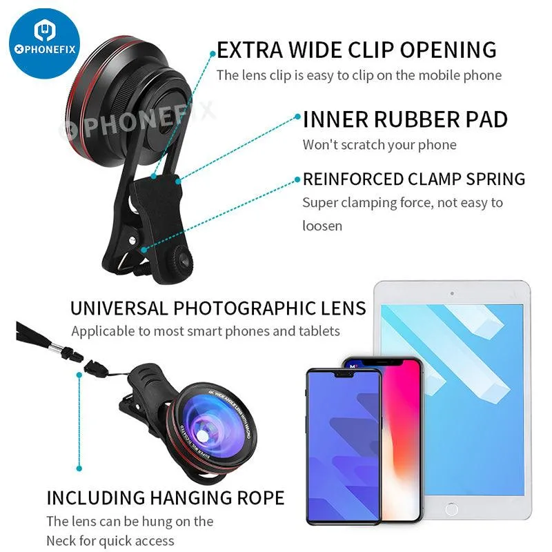 2 In 1 4K HD Wide-angle Macro Lens with LED Lamp for Phone Camera