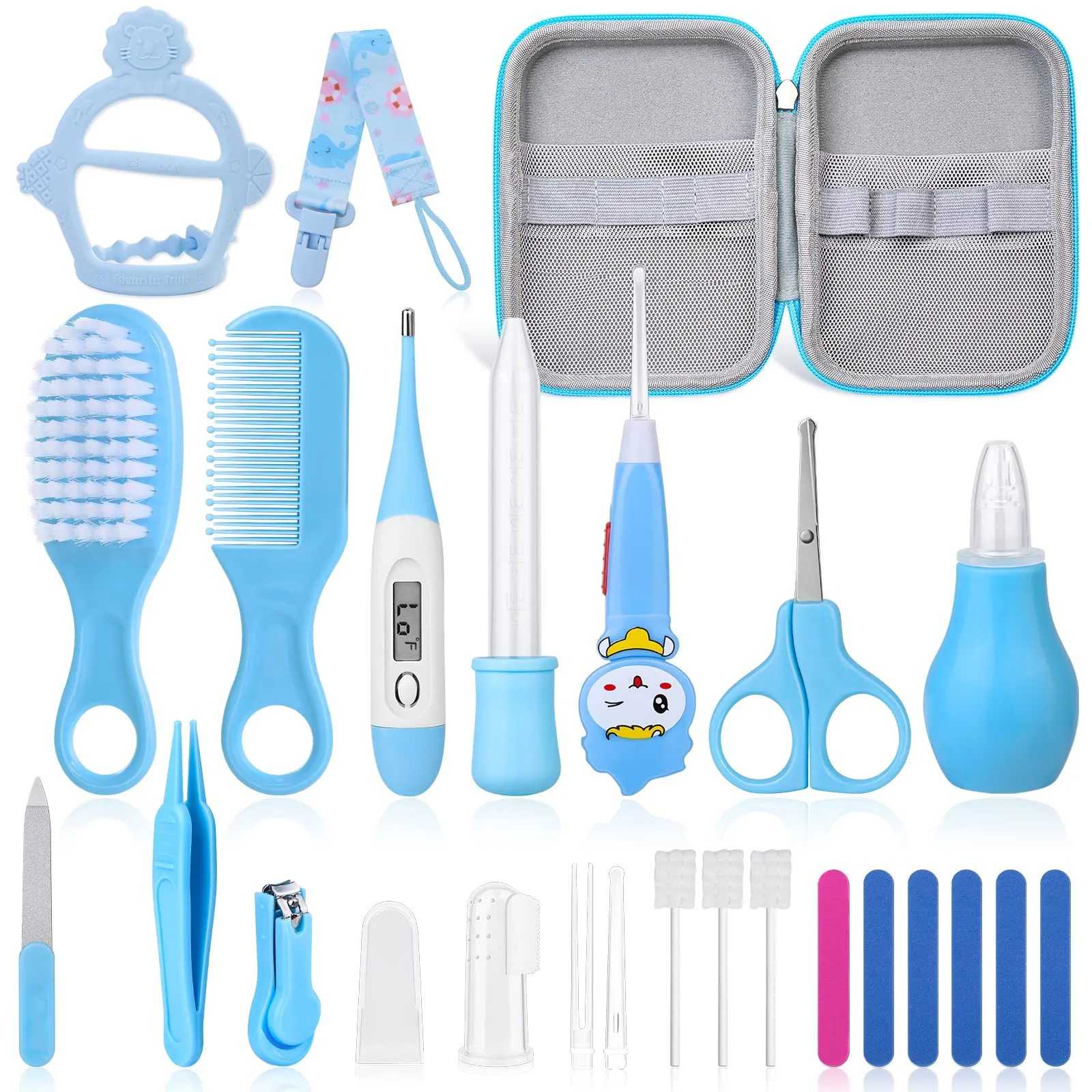 23Pcs Baby Healthcare and Grooming Kit modacraft Baby Safety Set with Baby Hair Brush Nail Clippers Lighting Ear Cleaner Baby Stuff Newborn Essentials for Nursery Newborn Baby Girls Boys Kids Blue