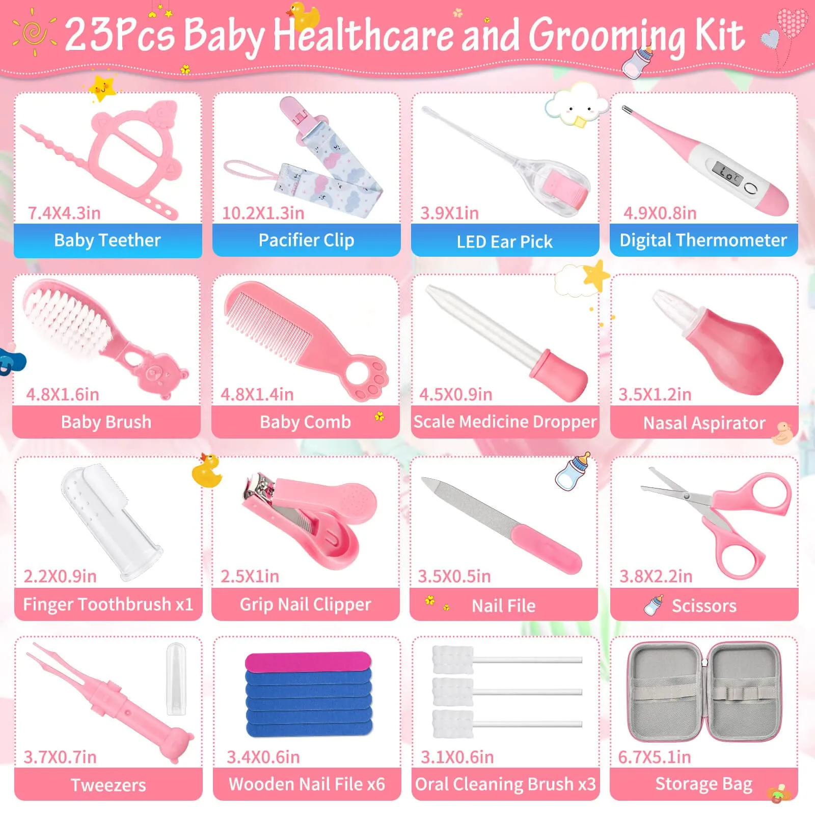 23Pcs Baby Healthcare and Grooming Kit modacraft Baby Safety Set with Baby Hair Brush Nail Clippers Lighting Ear Cleaner Baby Stuff Newborn Essentials for Nursery Newborn Baby Girls Boys Kids Pink