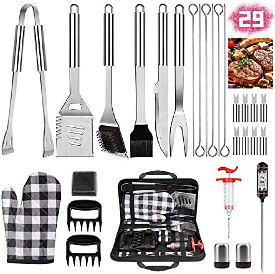 29pcs Grilling Accessories Kit for Men Women, Stainless Steel Heavy Duty BBQ Tools with Glove and Corkscrew, Grill Utensils Set in Portable Canvas Bag for Outdoor,Camping,Backyard, Perfect Grill Gift