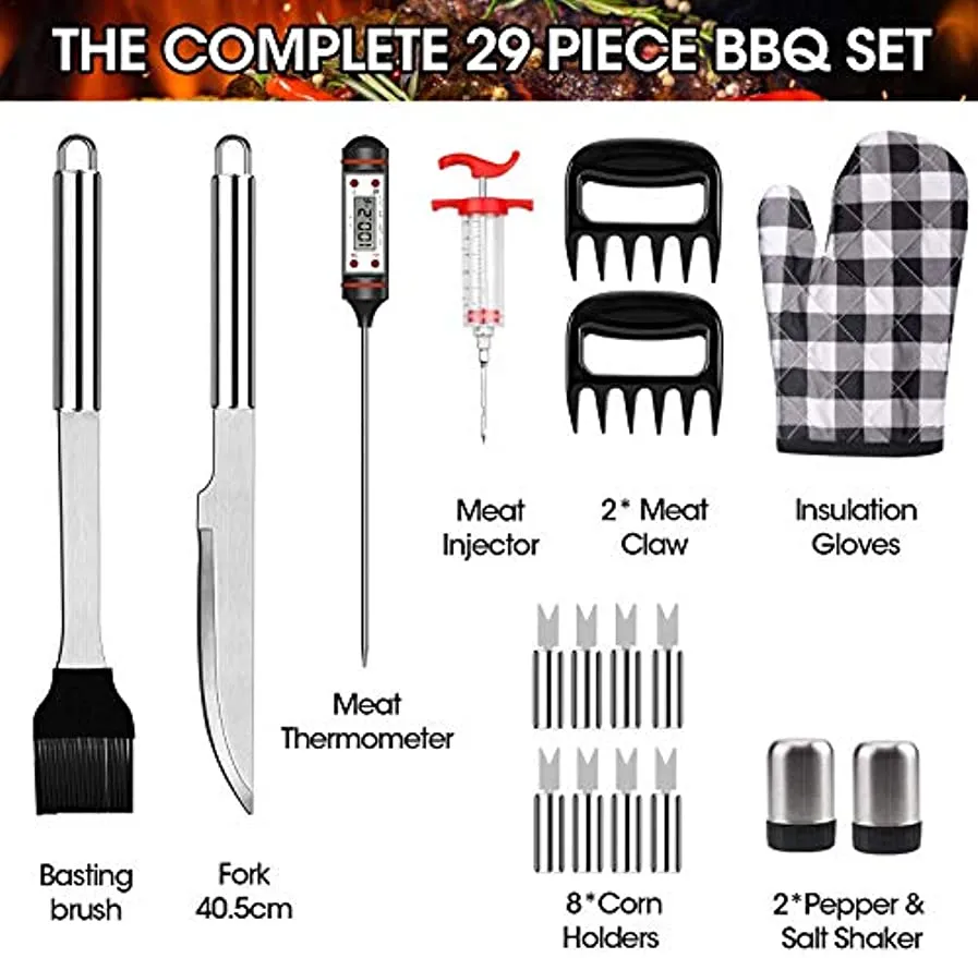 29pcs Grilling Accessories Kit for Men Women, Stainless Steel Heavy Duty BBQ Tools with Glove and Corkscrew, Grill Utensils Set in Portable Canvas Bag for Outdoor,Camping,Backyard, Perfect Grill Gift