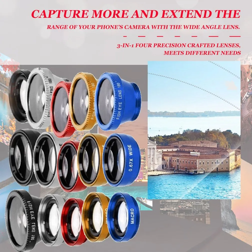 3-in-1 Wide Angle Macro Fisheye Lens Camera Kits Mobile Phone Fish Eye Lenses with Clip 0.67x for iPhone Samsung All Cell Phones