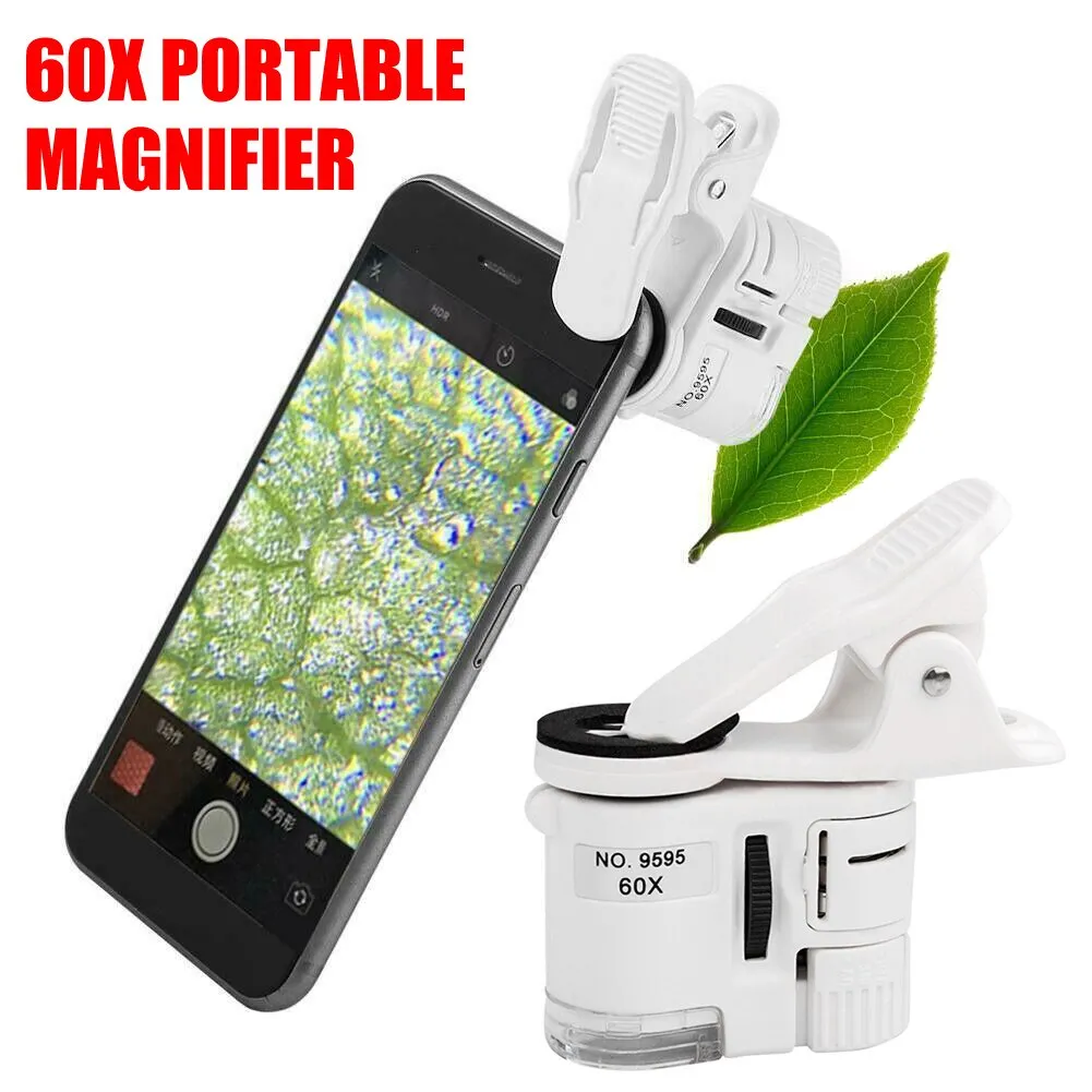 60X Portable Clip Magnifier Loupe UV Microscope Universal Mobile Phone with Mini LED NK-Shopping