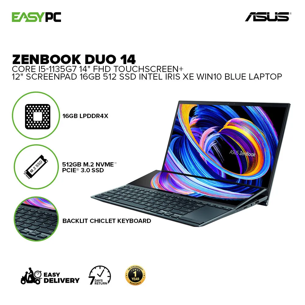 Asus Zenbook Duo 14 X482Ea-Hy105Ts I5-1135G7 16Gb Win10 16Gb/512 Ssd/Intel Iris Xe/Win10 Laptop