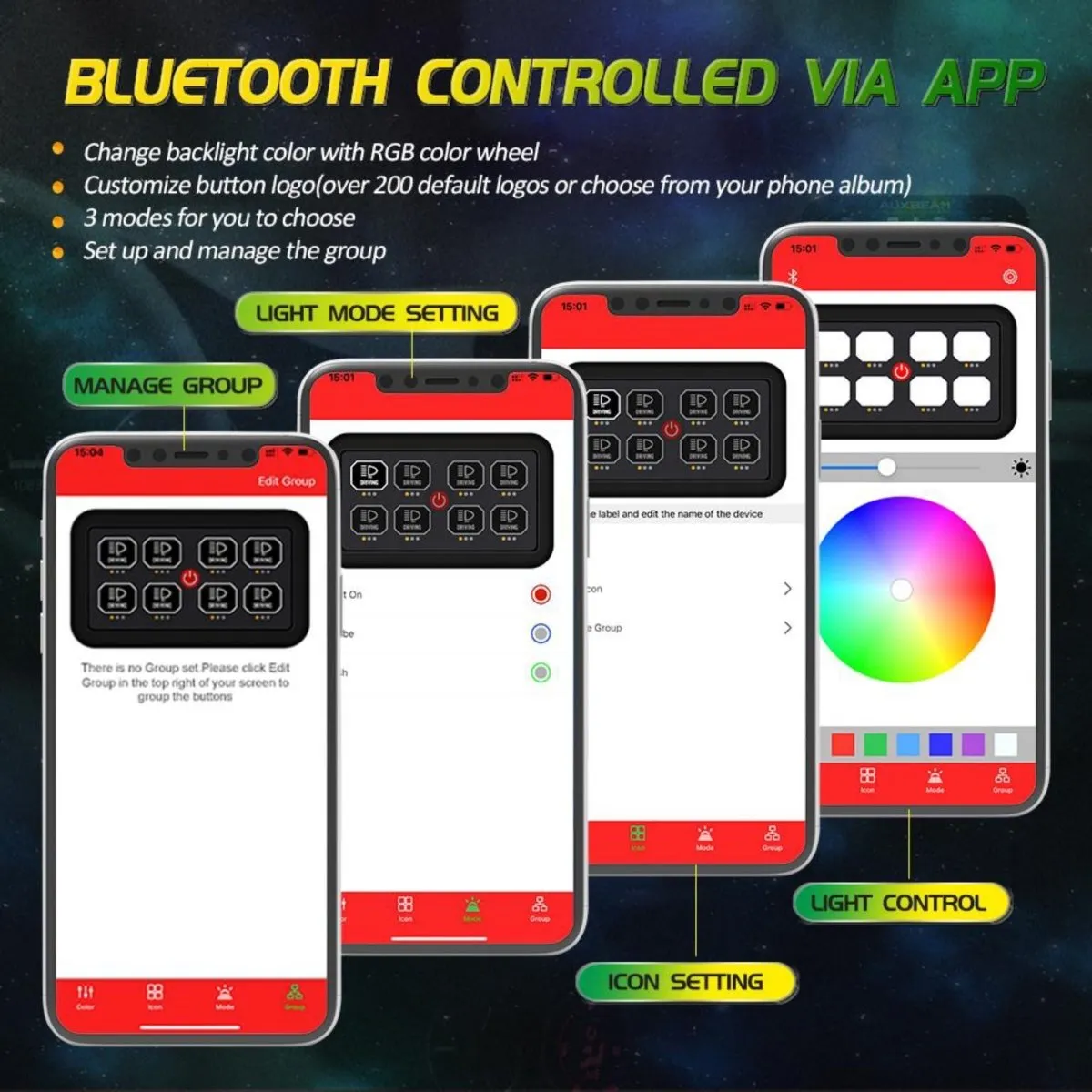 Auxbeam RGB 8 Gang Switch Control Panel with Bluetooth Control