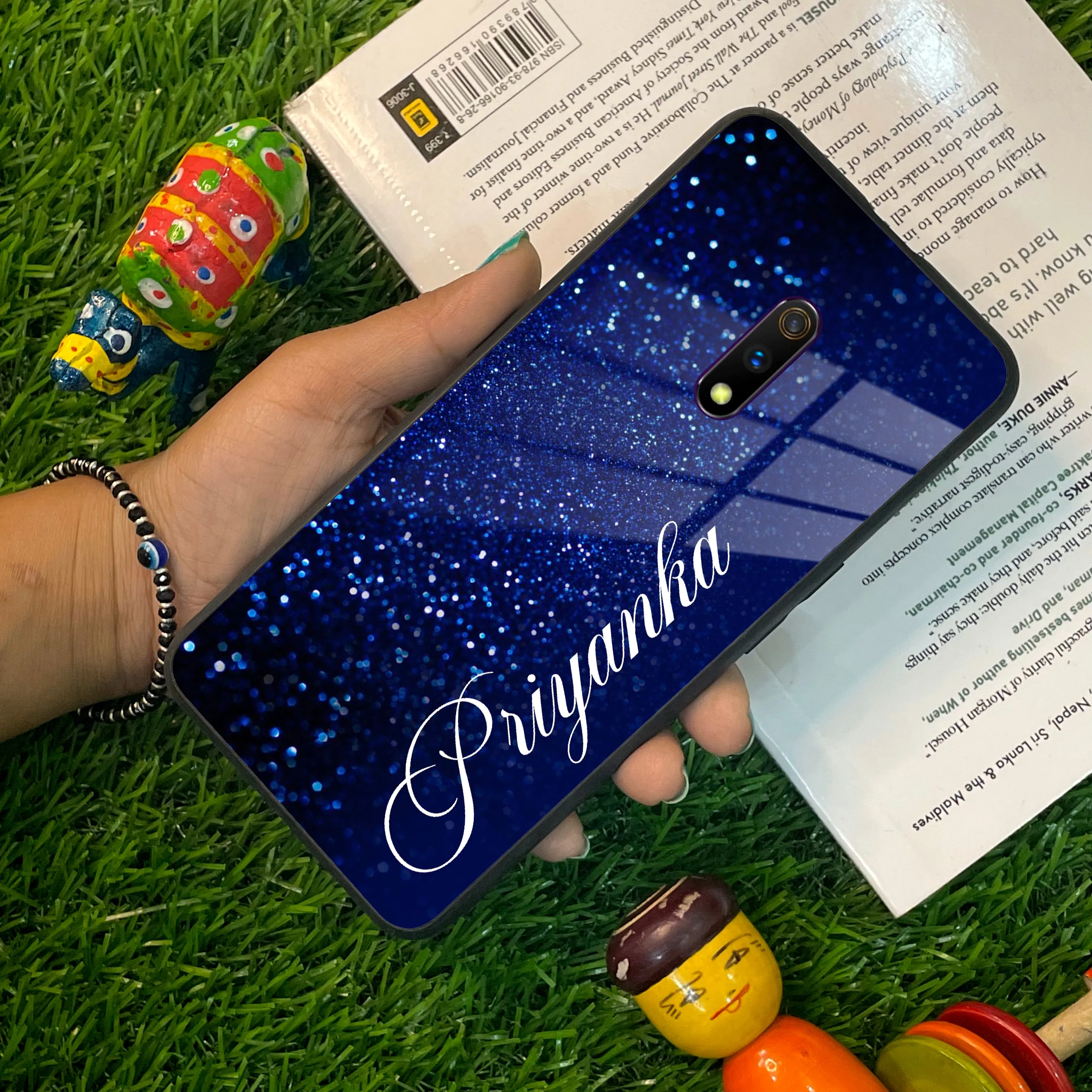 Blue Glitter Customize Glass Case Cover For Oppo