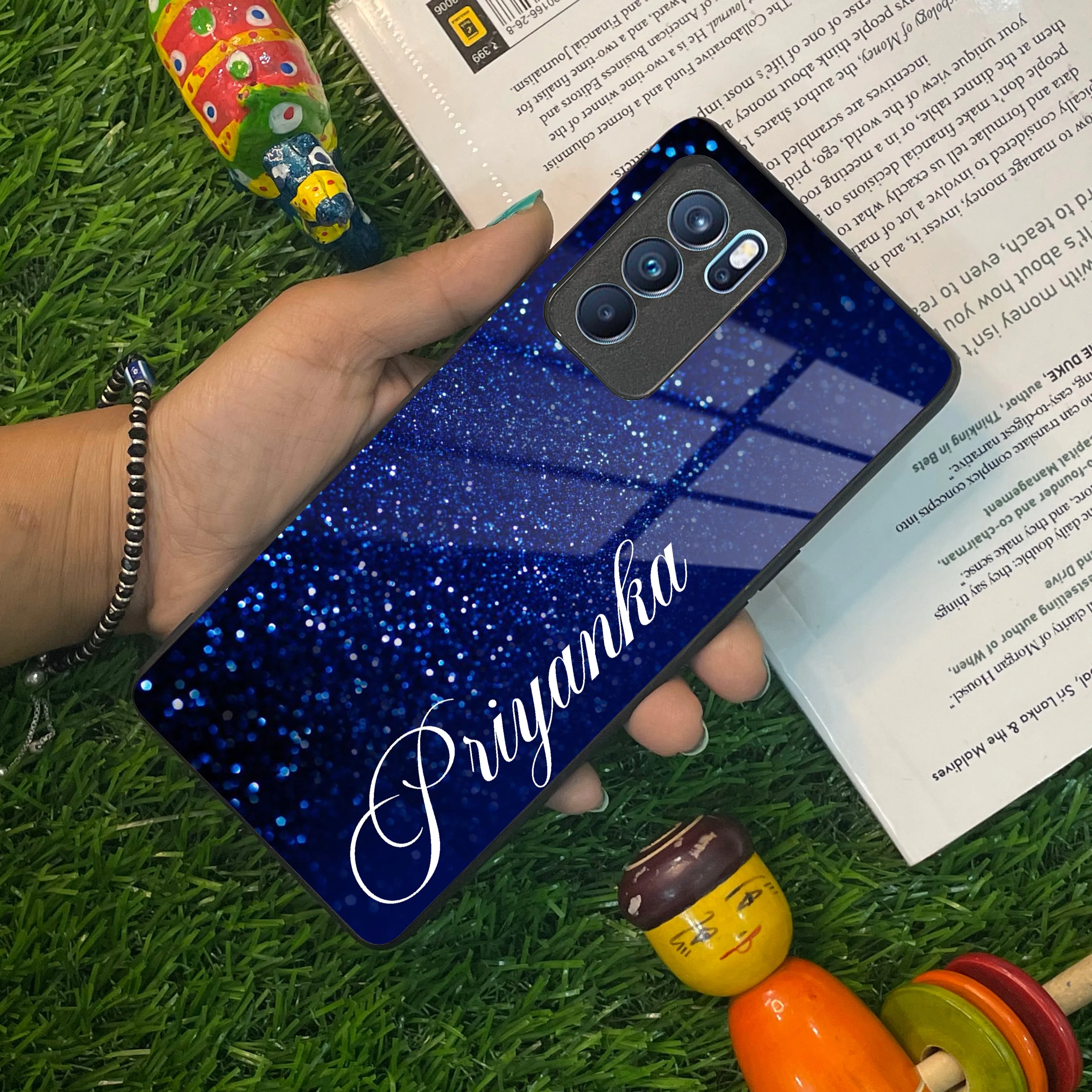 Blue Glitter Customize Glass Case Cover For Oppo