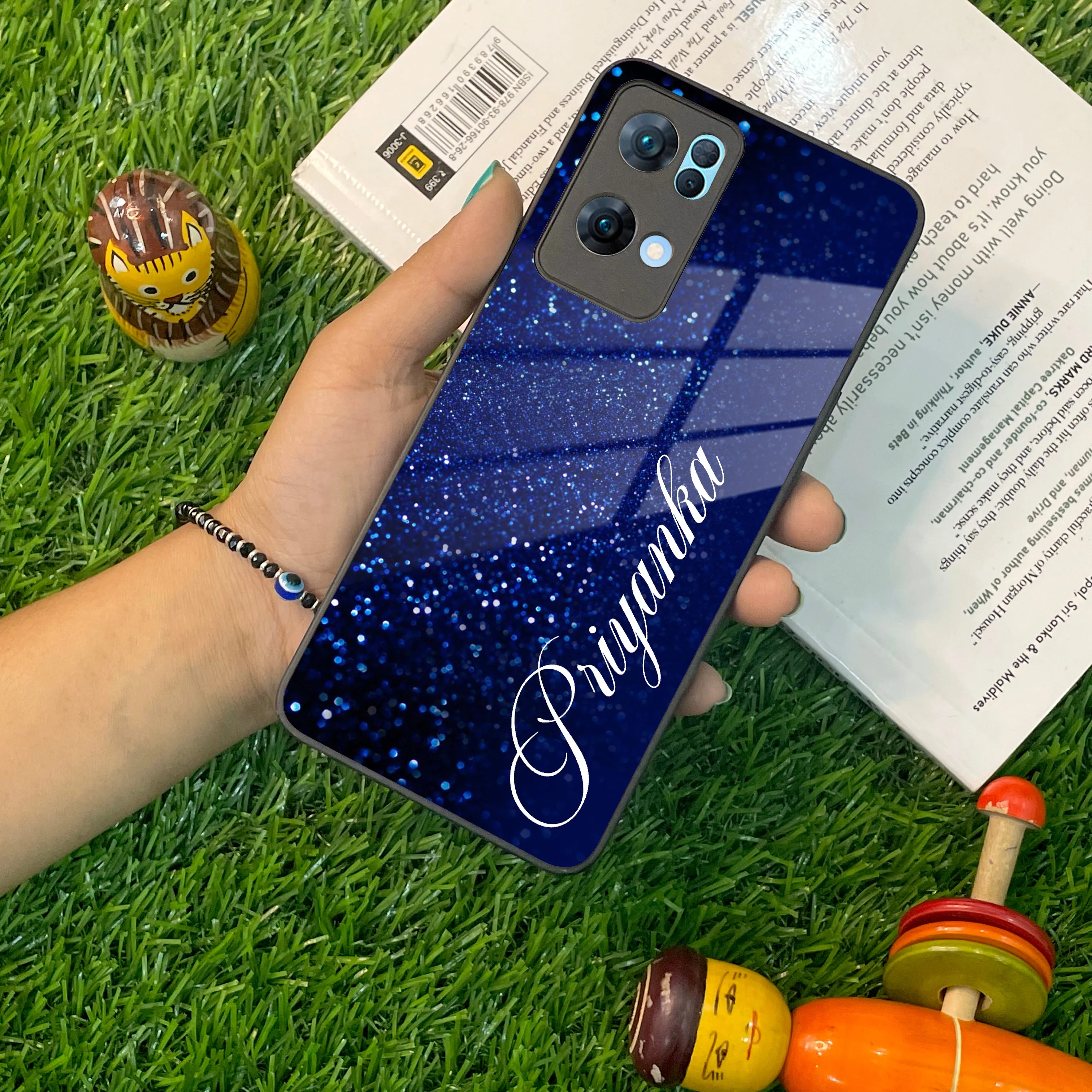 Blue Glitter Customize Glass Case Cover For Oppo