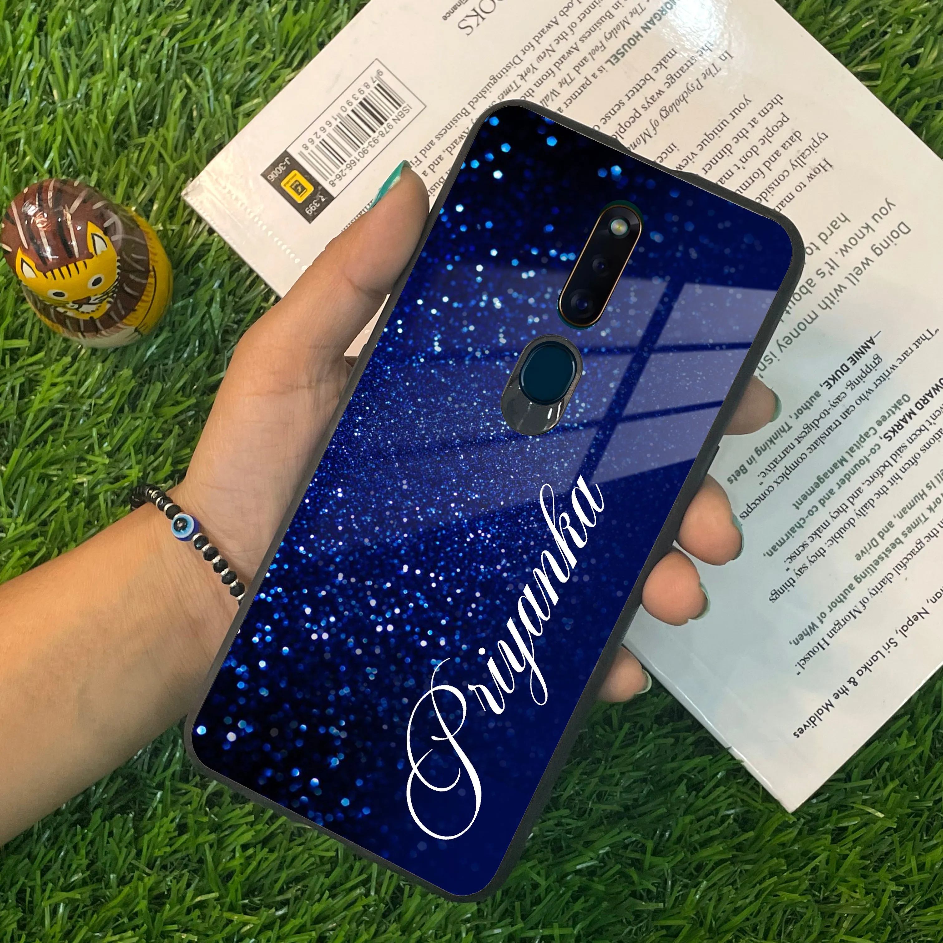 Blue Glitter Customize Glass Case Cover For Oppo