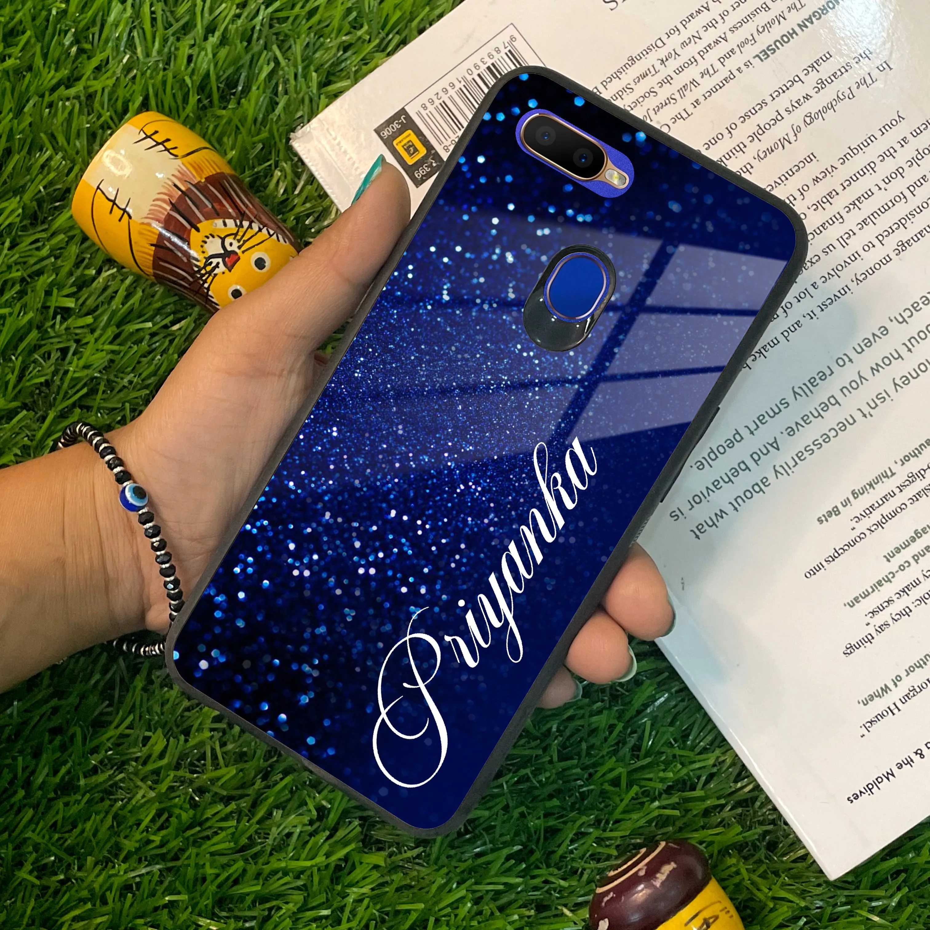 Blue Glitter Customize Glass Case Cover For Oppo