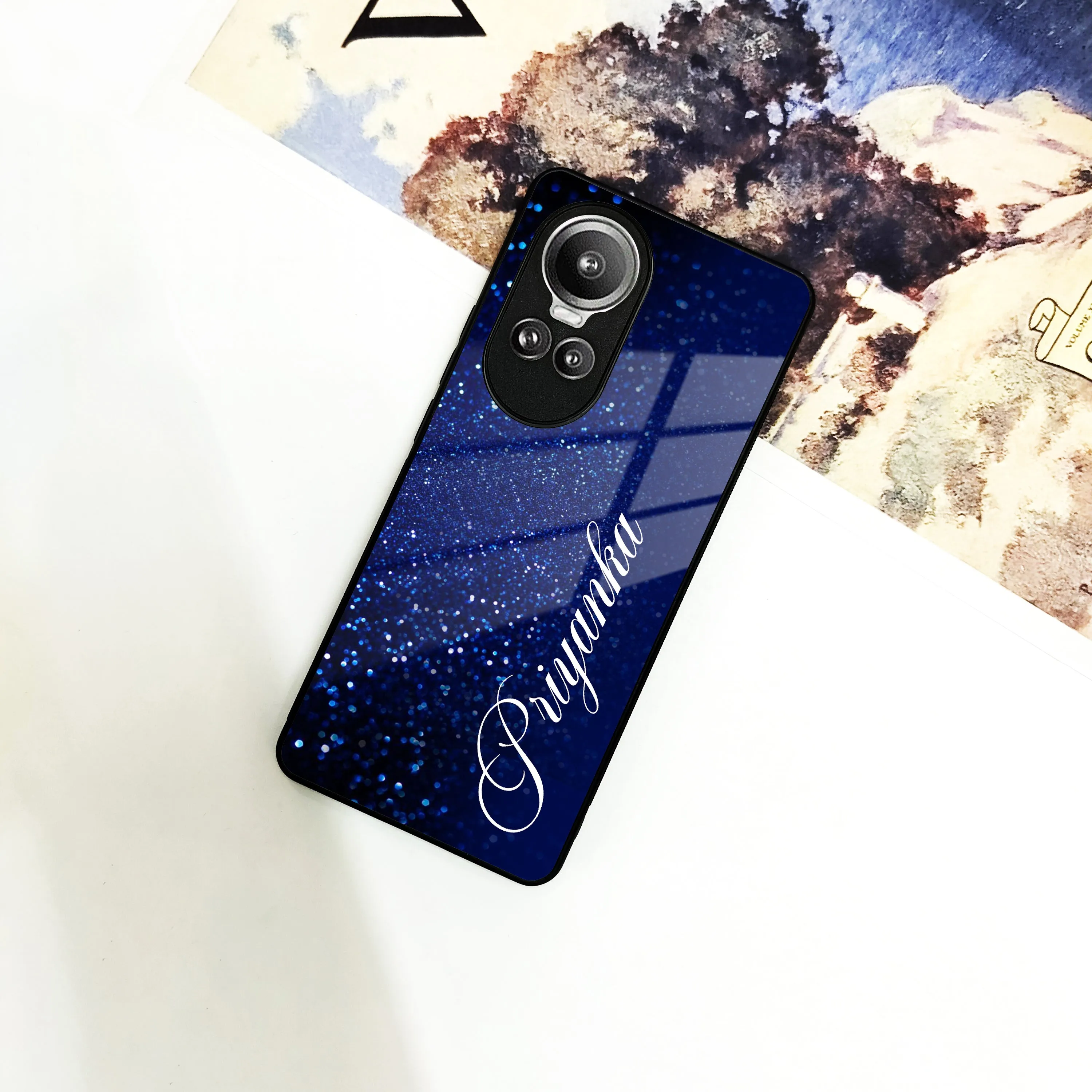 Blue Glitter Customize Glass Case Cover For Oppo