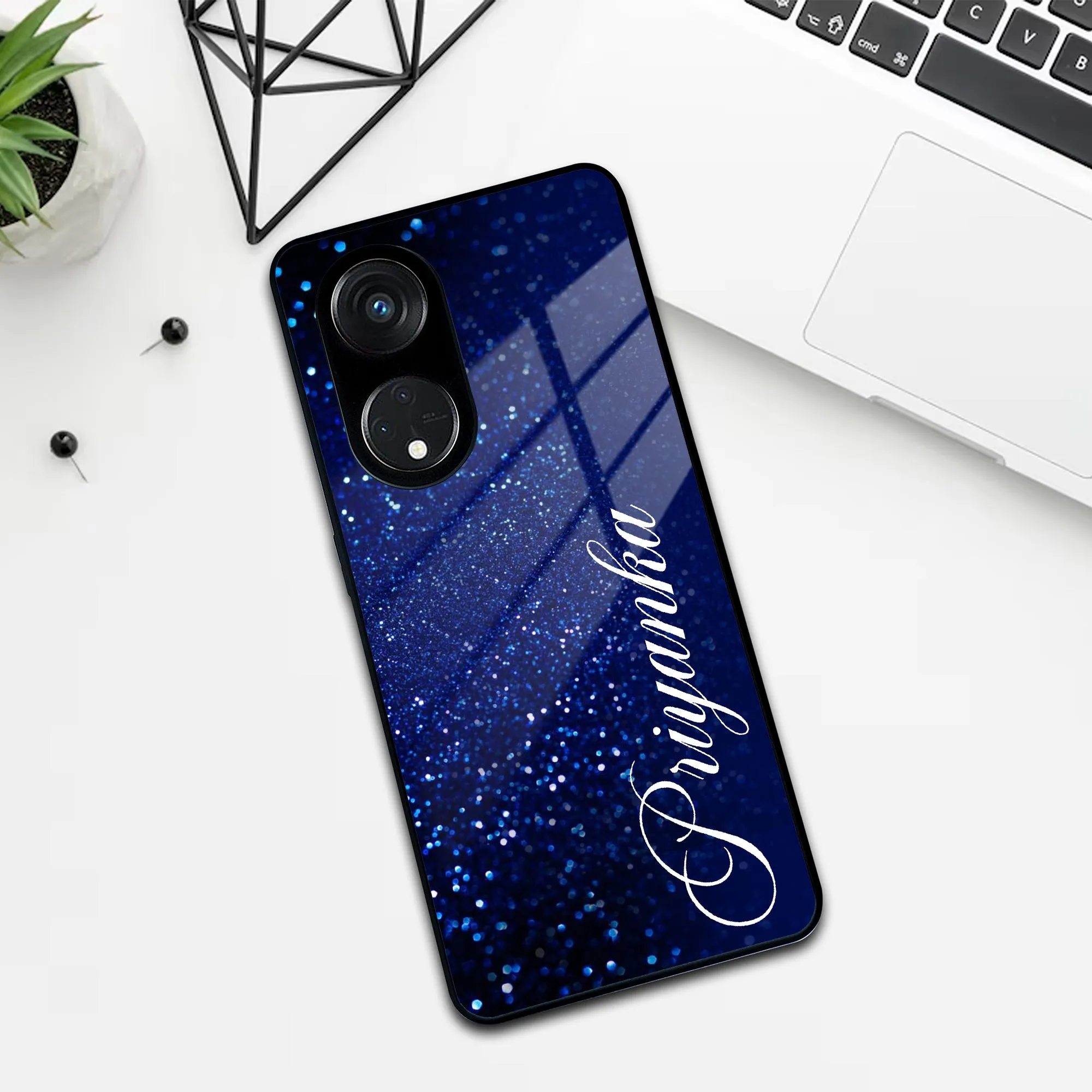 Blue Glitter Customize Glass Case Cover For Oppo