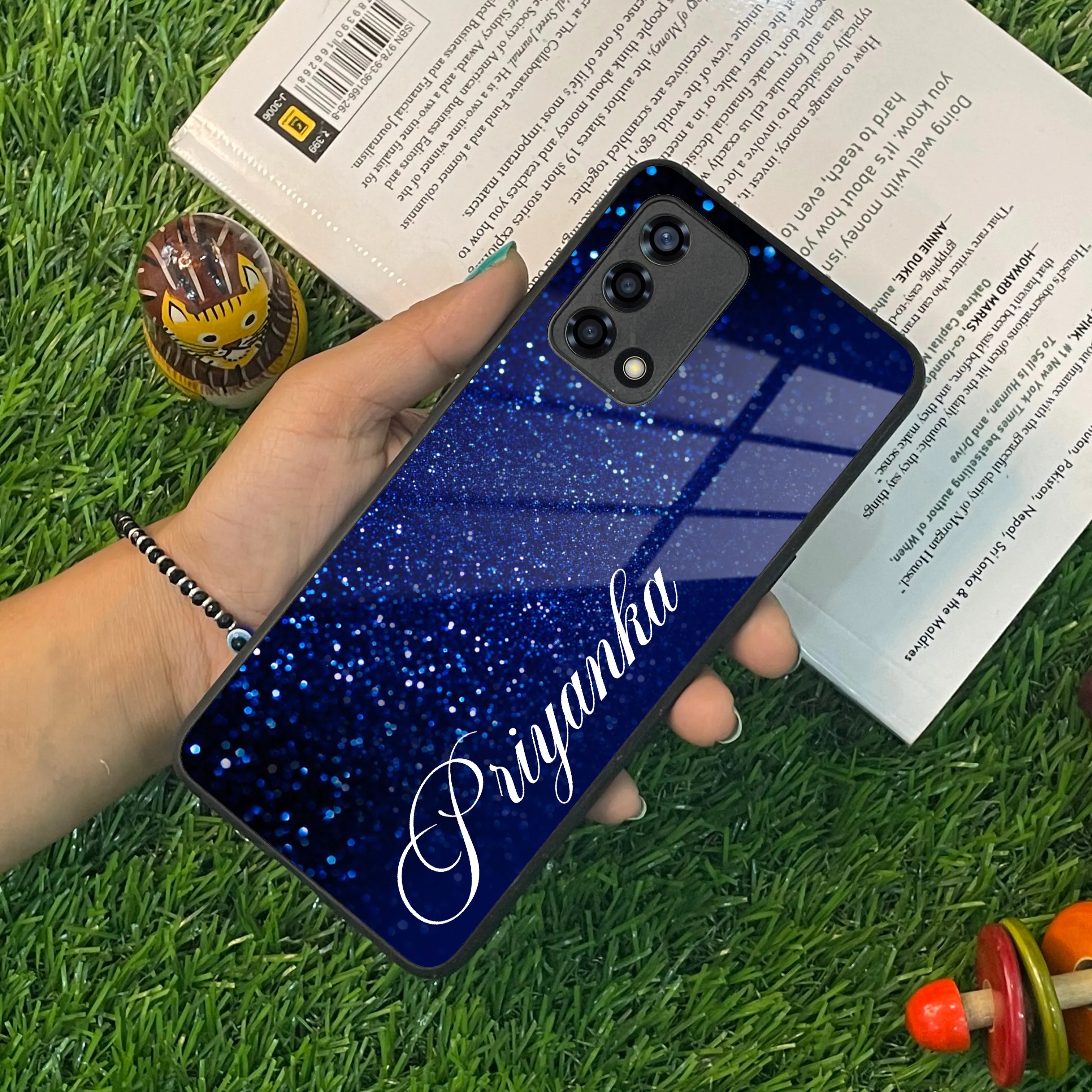 Blue Glitter Customize Glass Case Cover For Oppo