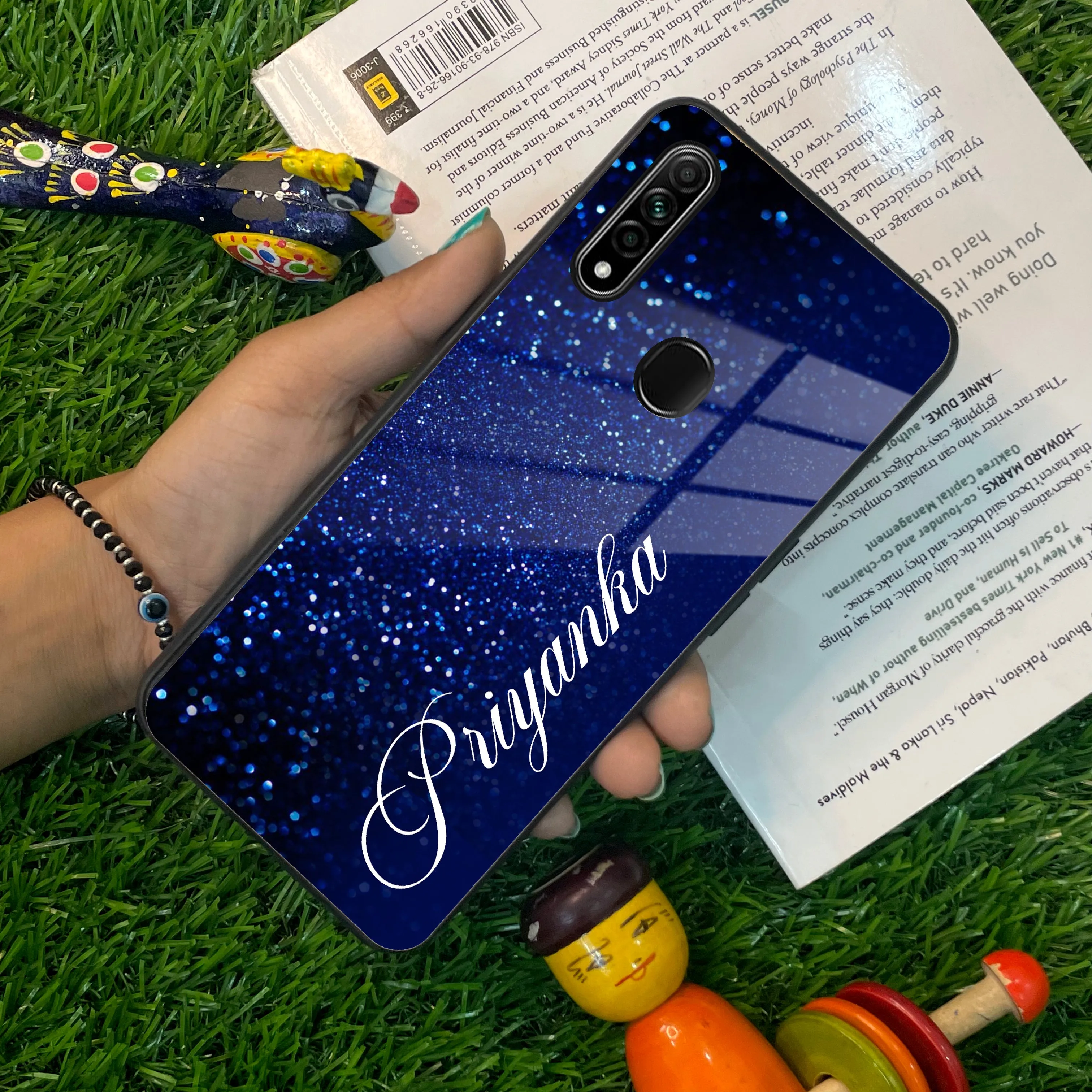 Blue Glitter Customize Glass Case Cover For Oppo