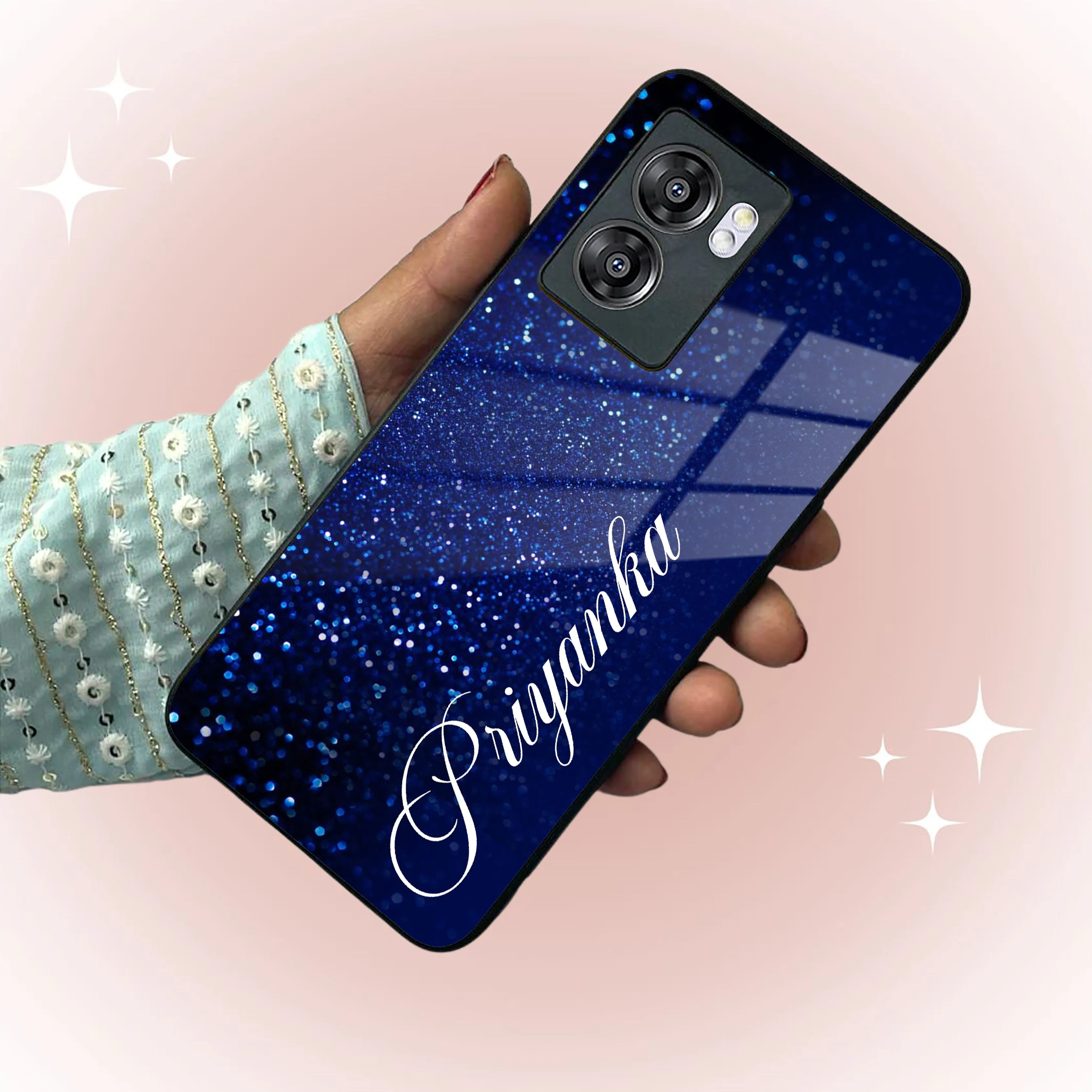 Blue Glitter Customize Glass Case Cover For Oppo