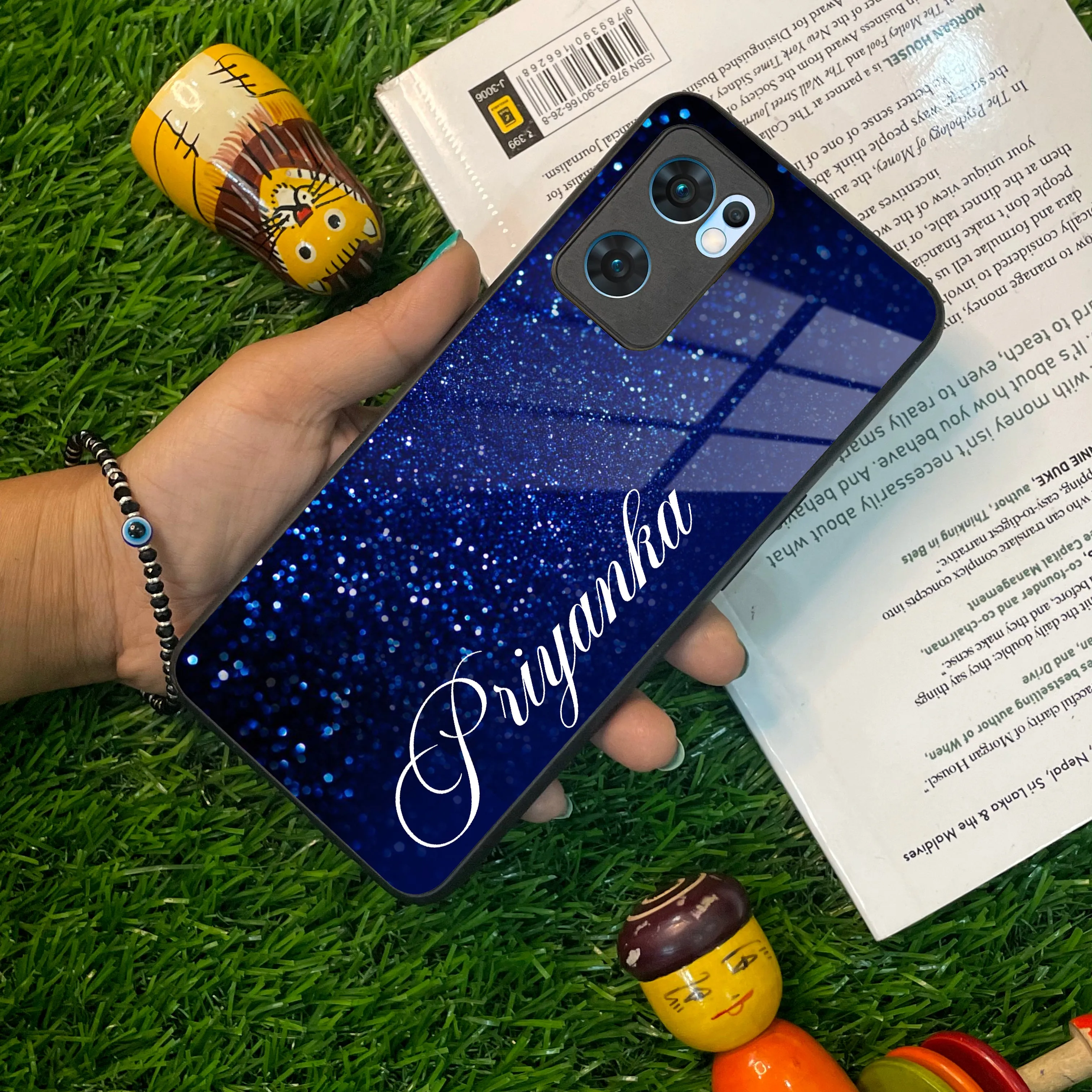 Blue Glitter Customize Glass Case Cover For Oppo