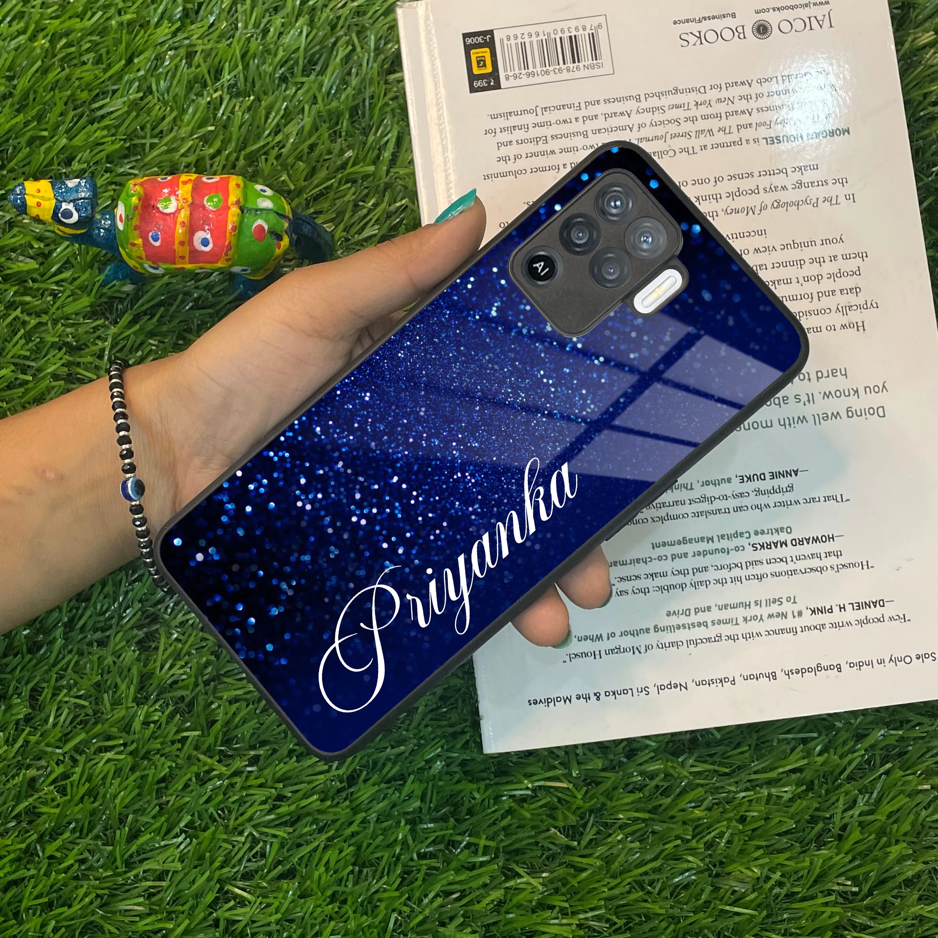 Blue Glitter Customize Glass Case Cover For Oppo