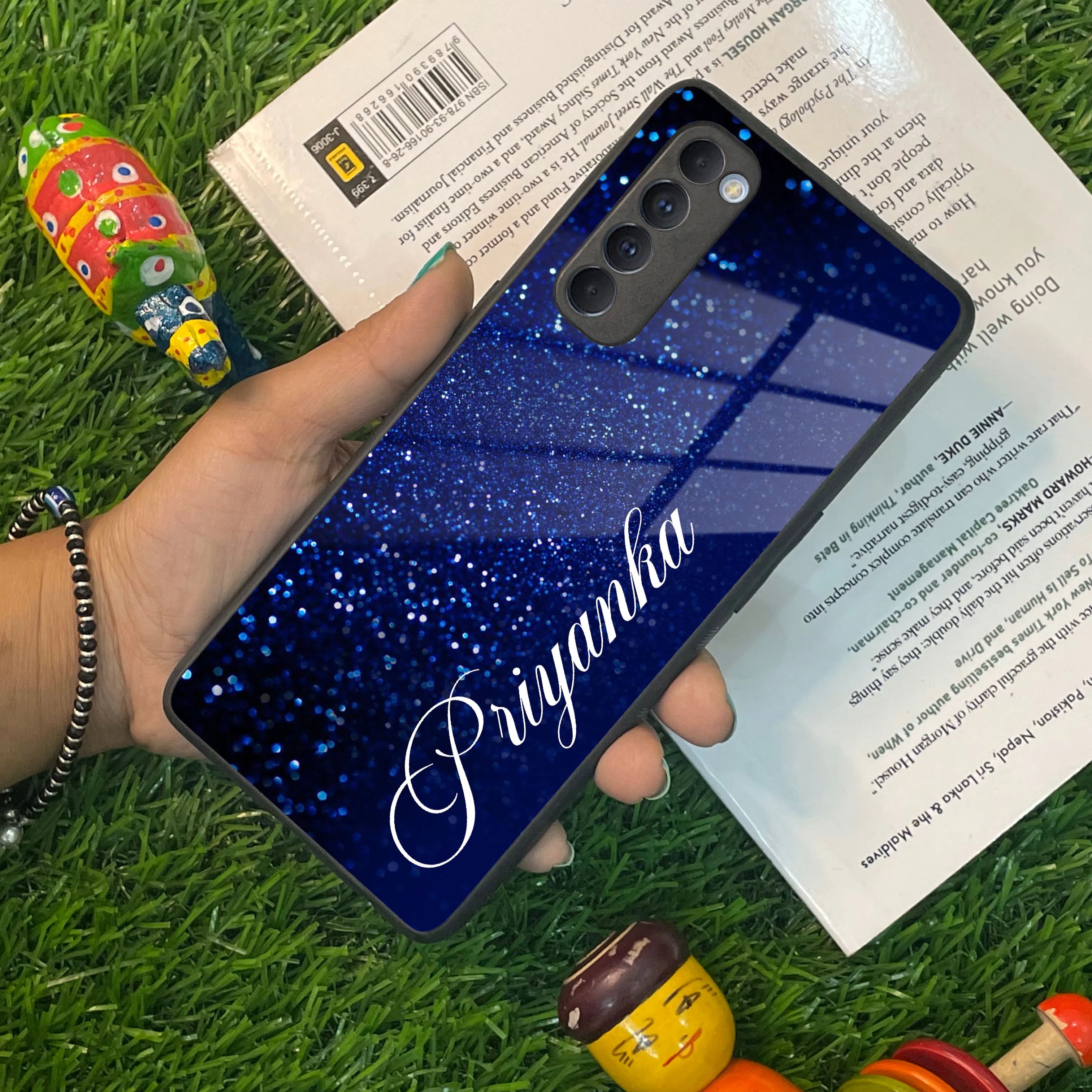 Blue Glitter Customize Glass Case Cover For Oppo