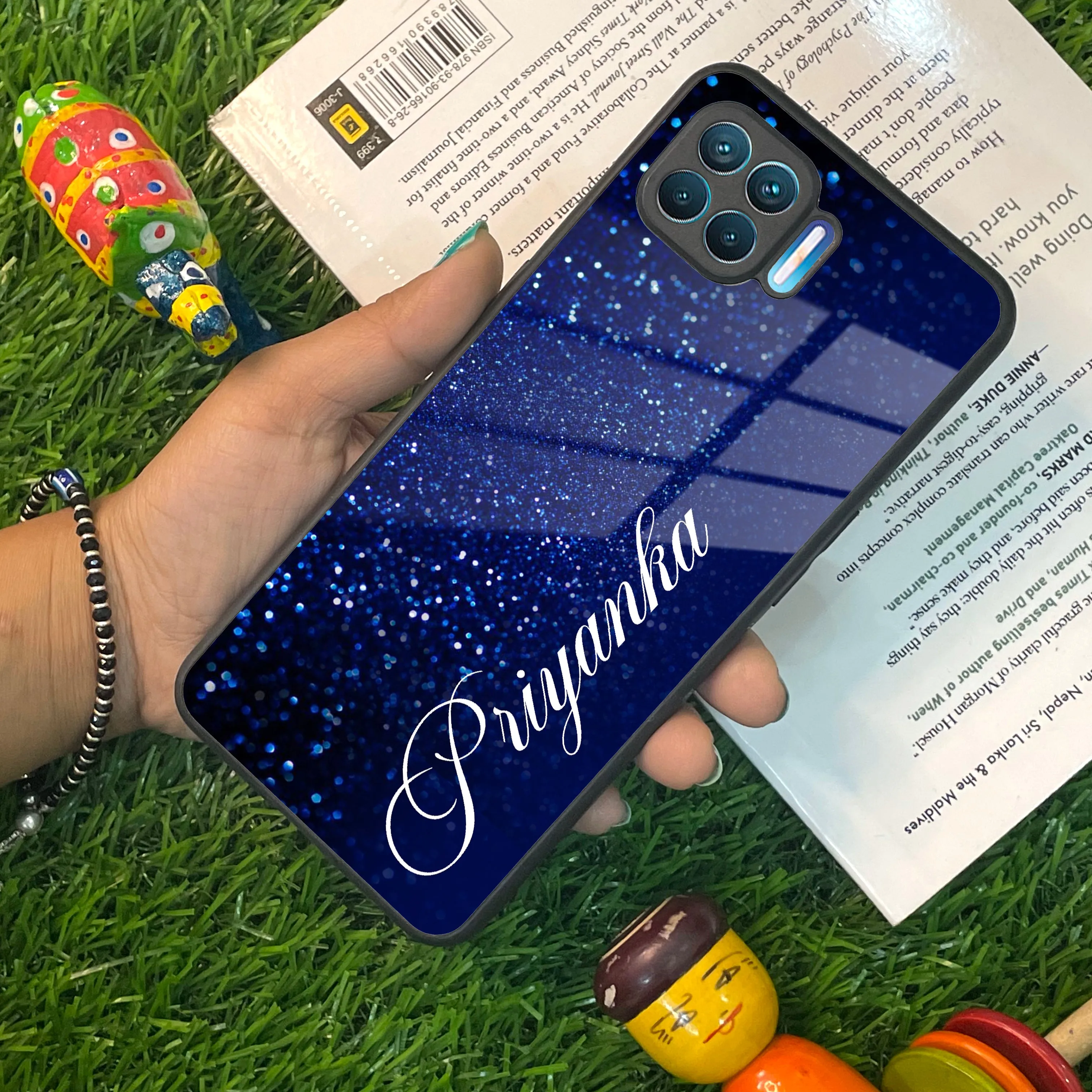 Blue Glitter Customize Glass Case Cover For Oppo