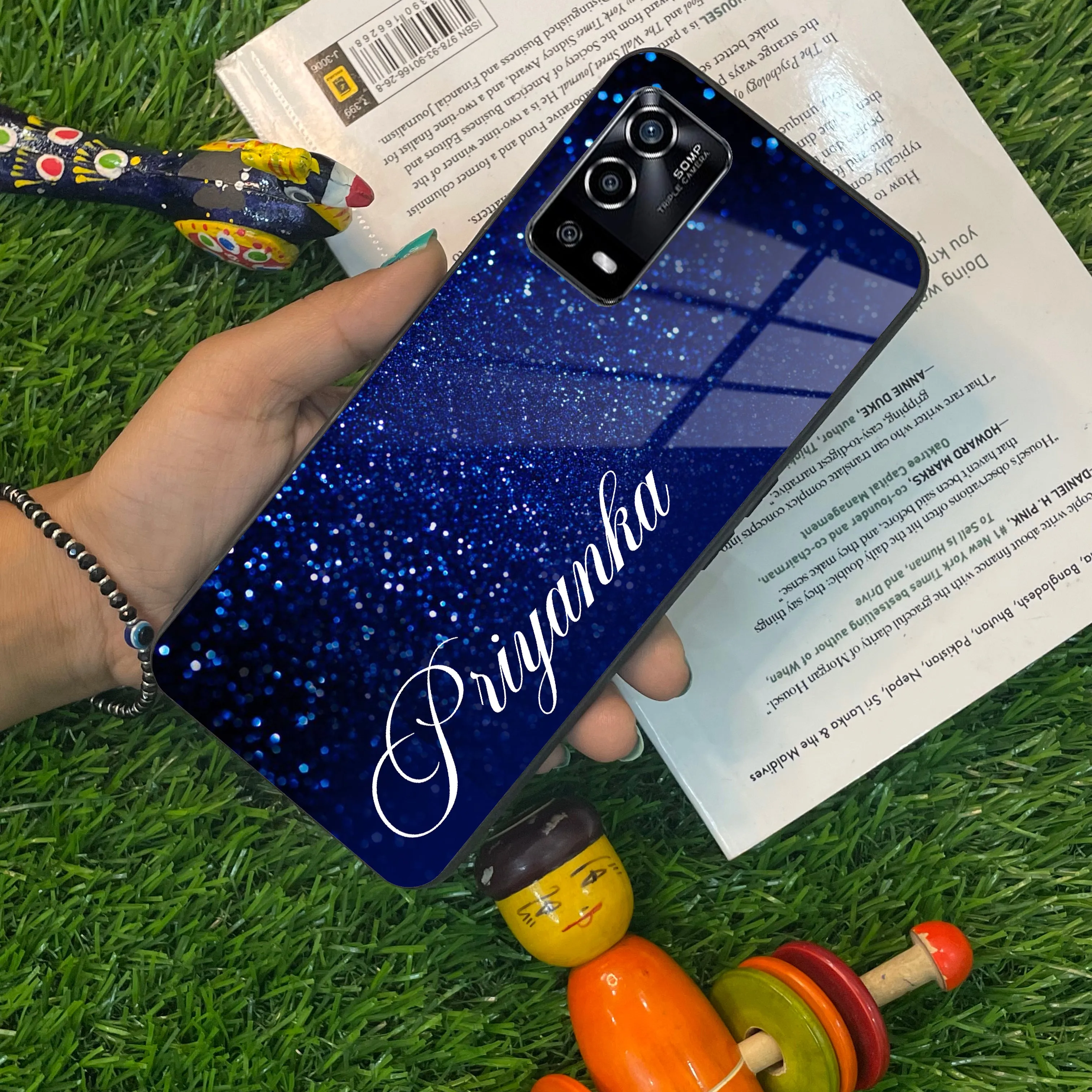 Blue Glitter Customize Glass Case Cover For Oppo