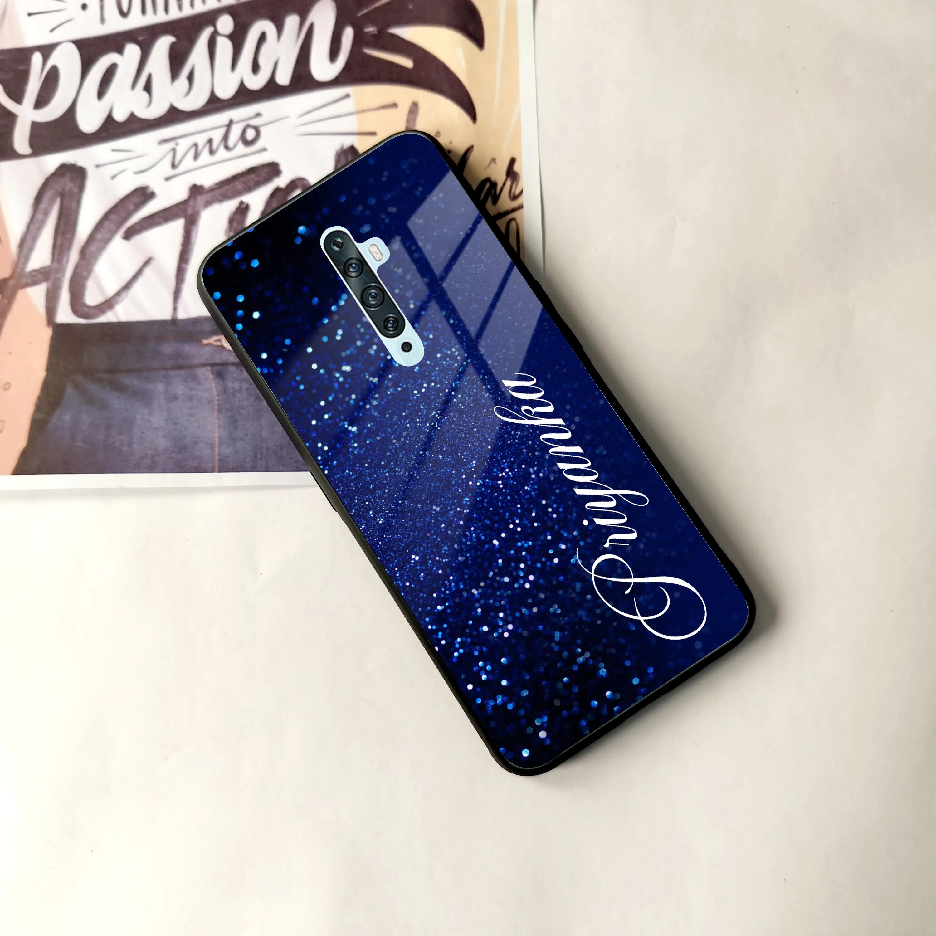 Blue Glitter Customize Glass Case Cover For Oppo