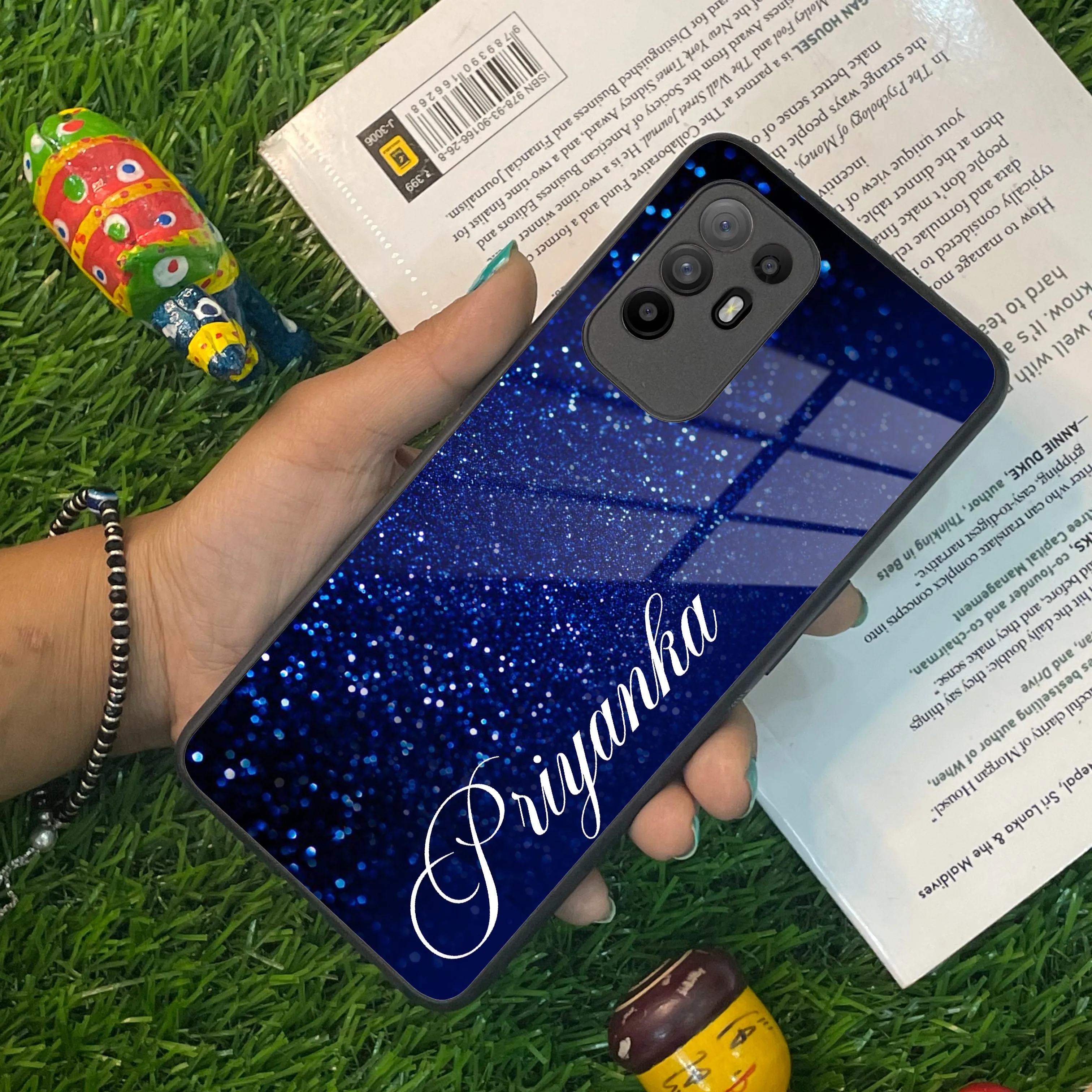 Blue Glitter Customize Glass Case Cover For Oppo