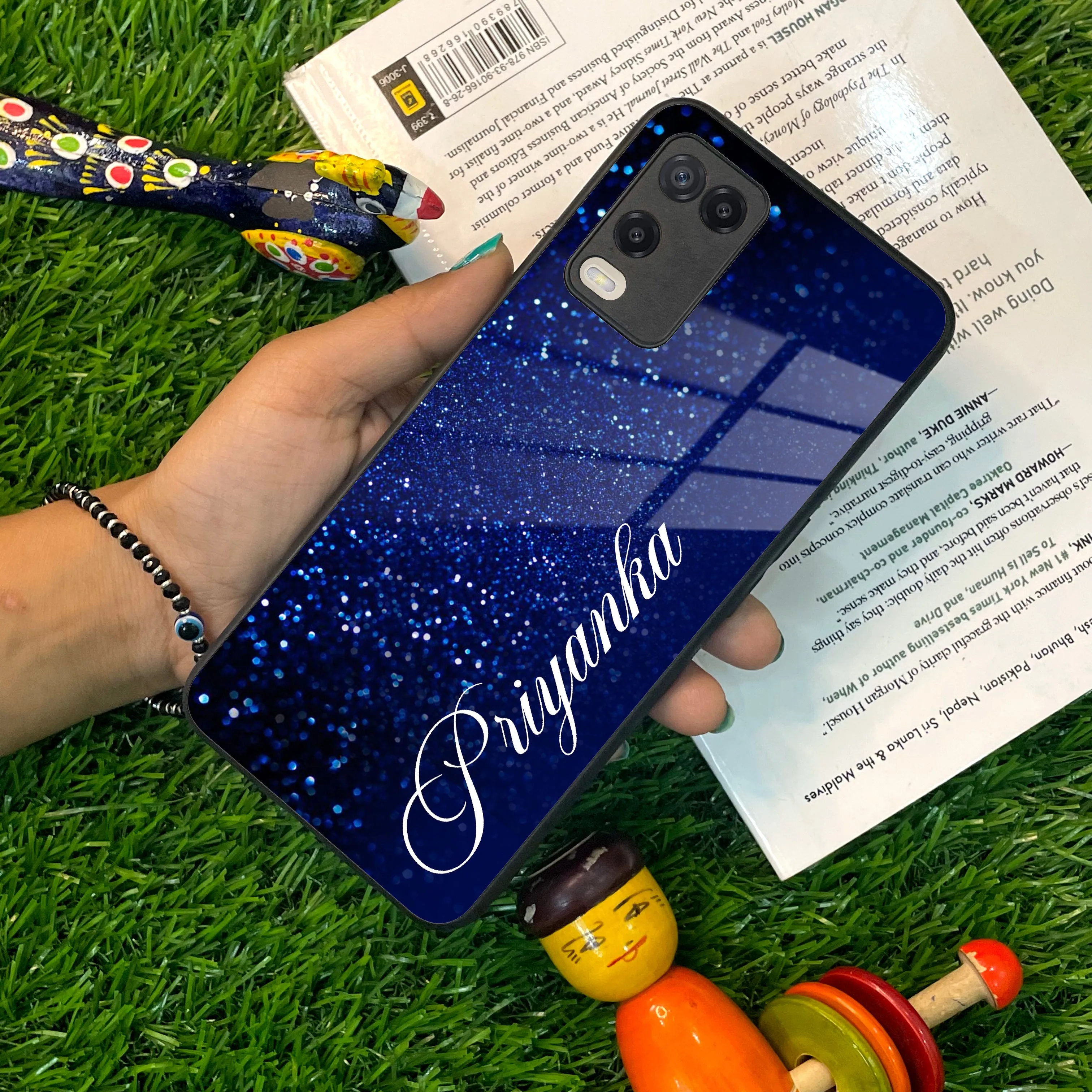 Blue Glitter Customize Glass Case Cover For Oppo