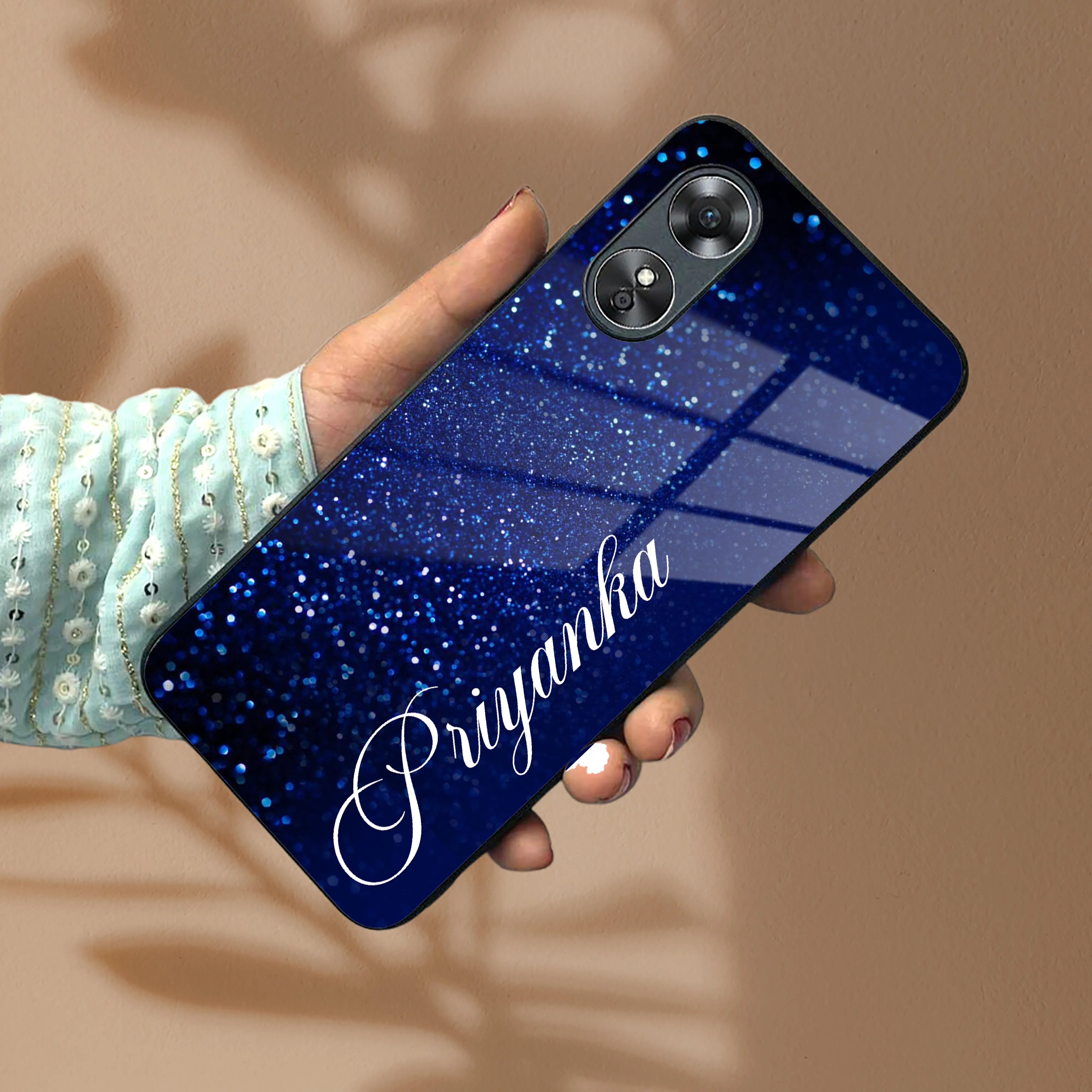 Blue Glitter Customize Glass Case Cover For Oppo