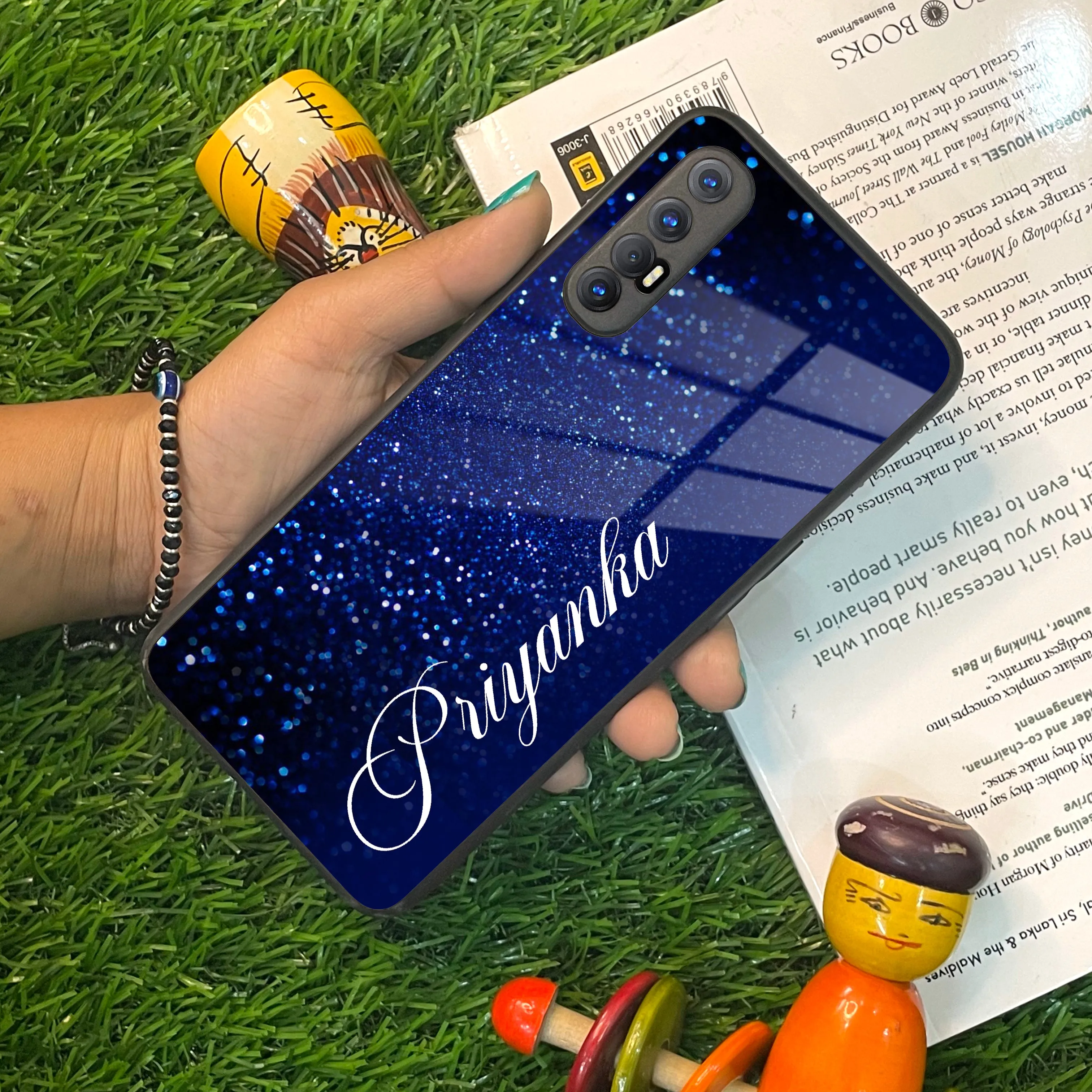 Blue Glitter Customize Glass Case Cover For Oppo