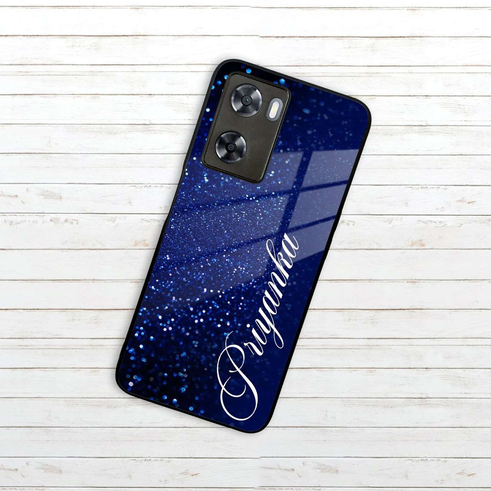 Blue Glitter Customize Glass Case Cover For Oppo