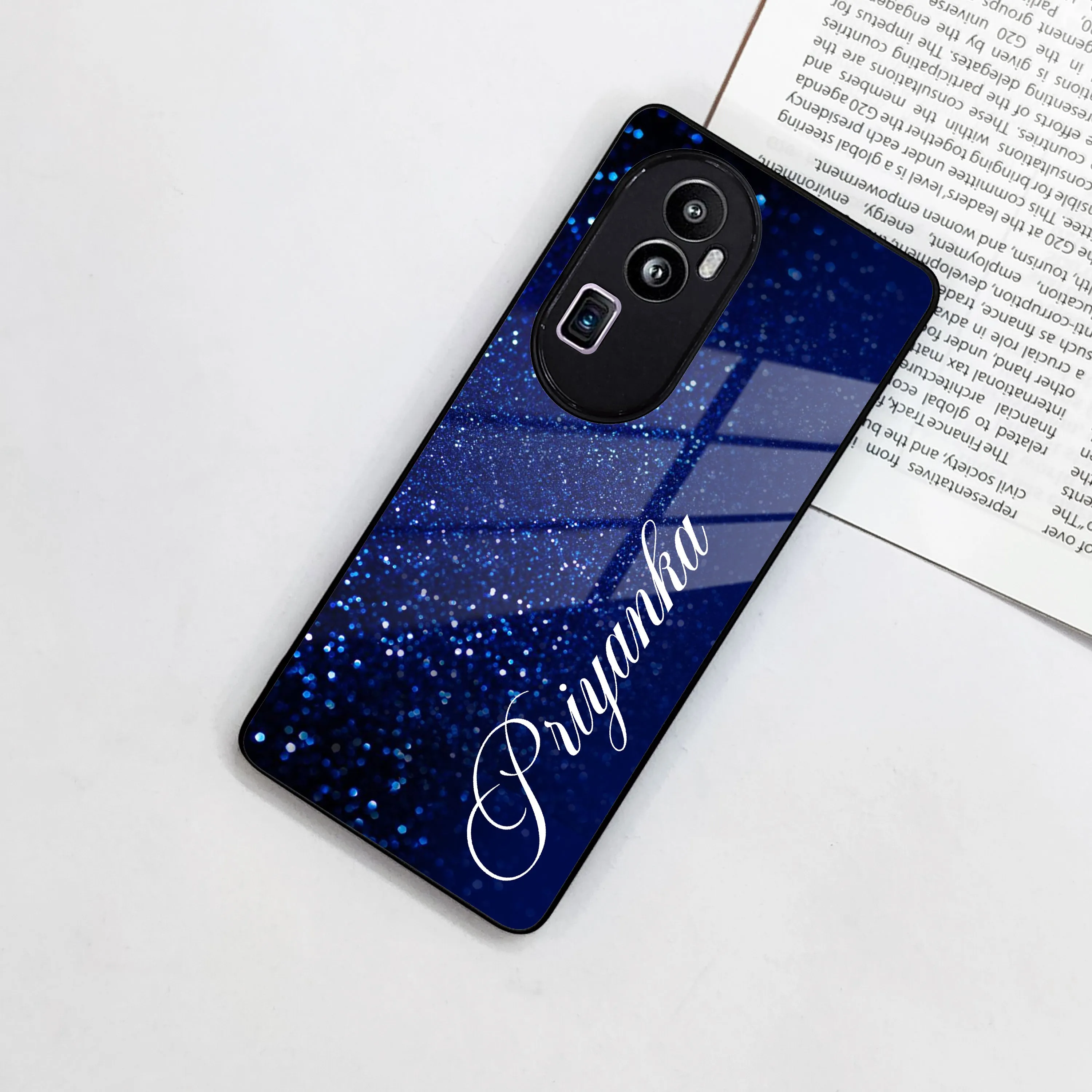 Blue Glitter Customize Glass Case Cover For Oppo