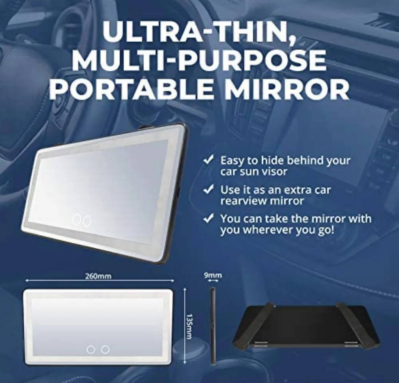 Rechargeable Car Sun Visor Vanity Mirror with LED Light - Compact Makeup Accessory for Easy Grooming on the Go