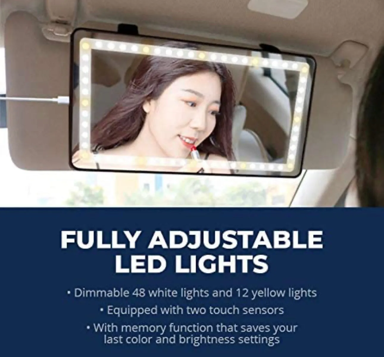 Rechargeable Car Sun Visor Vanity Mirror with LED Light - Compact Makeup Accessory for Easy Grooming on the Go