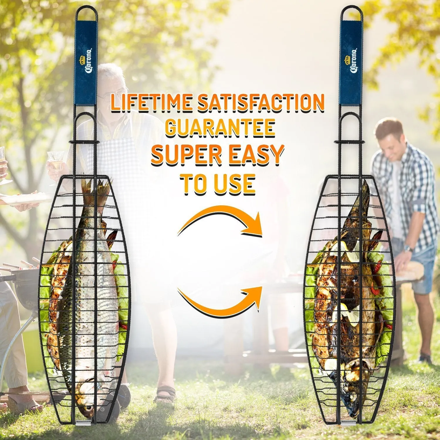 Corona BBQ Charcoal Grill Accessories as Fish Grilling Basket with Locking Grill Handle for Outdoor / Indoor BBQ Set Tools for Grilling Any Fish Up To 13.5