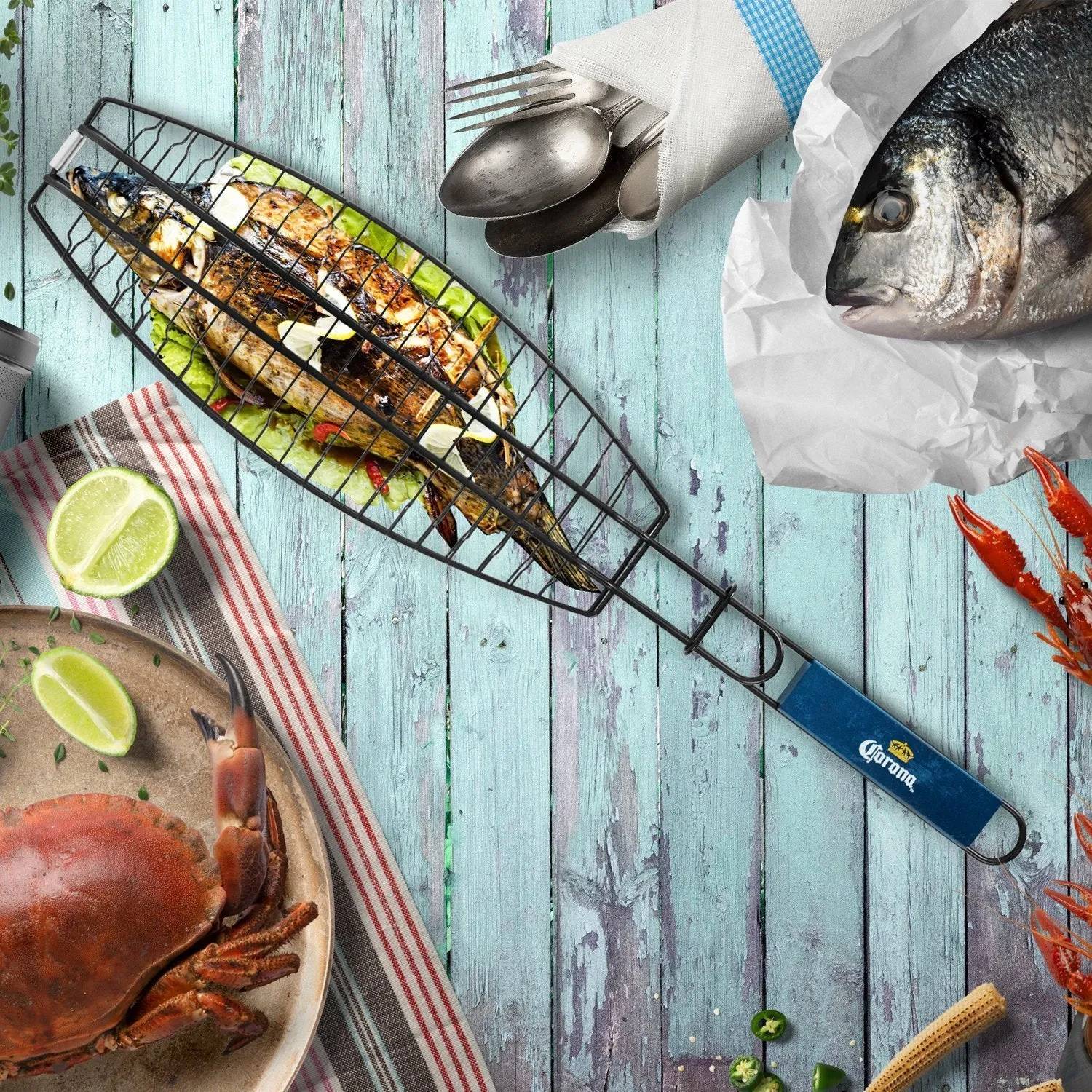 Corona BBQ Charcoal Grill Accessories as Fish Grilling Basket with Locking Grill Handle for Outdoor / Indoor BBQ Set Tools for Grilling Any Fish Up To 13.5