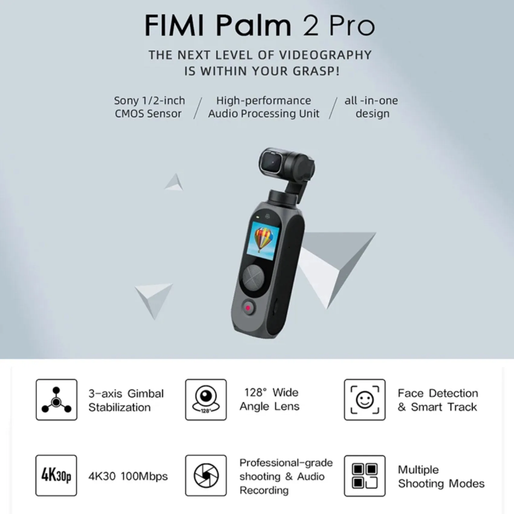 FIMI Palm 2 Pro (Upgraded) 3-axis Handheld Stabilized Gimbal Pocket Camera 1/2 Inch, Sensor 4K 30fps 160 Minute Mechanical Stabilization 128GB SD Sold by TUTT