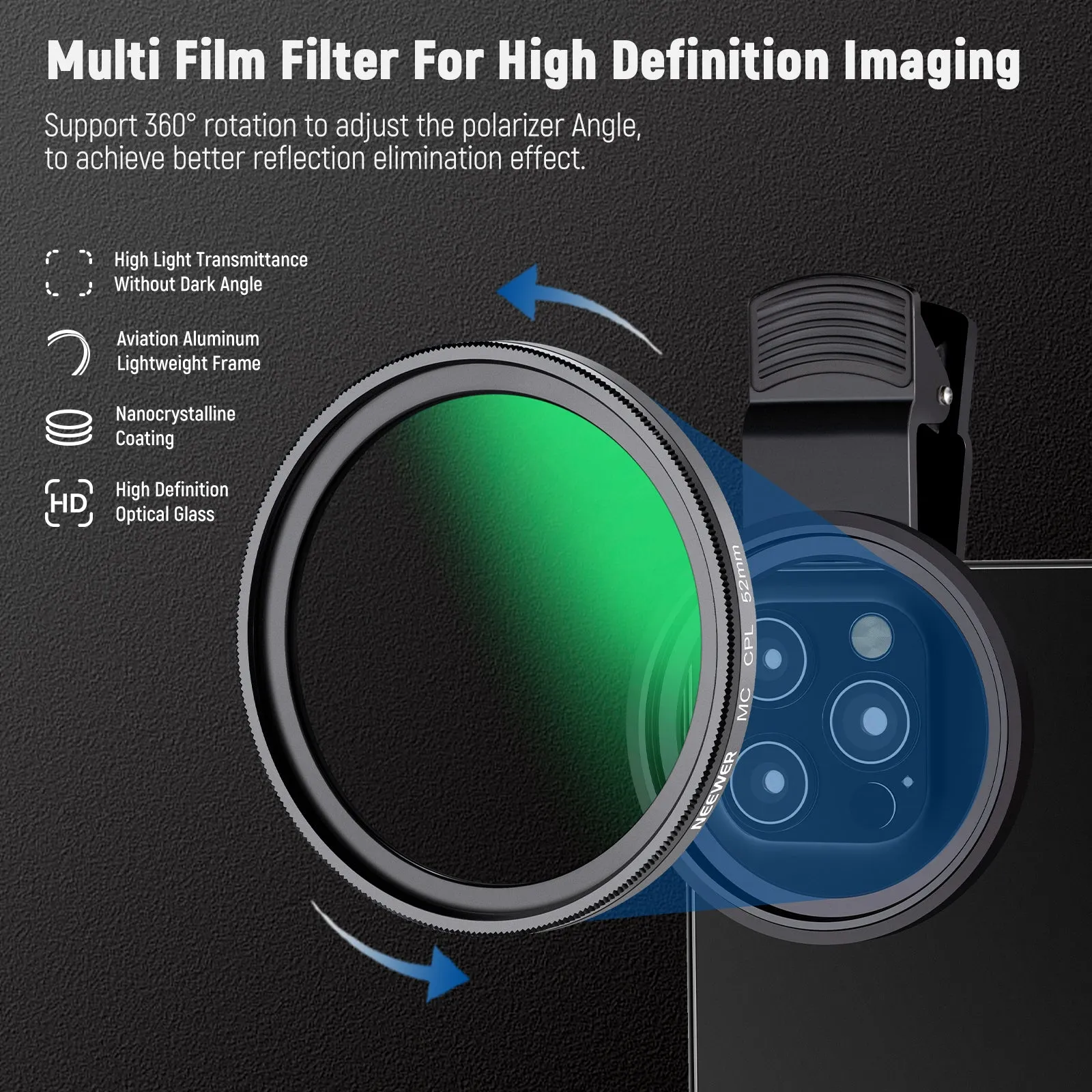 Enhanced 52mm NEEWER FL-26 CPL Filter with Clip for Smartphones & Samsung Devices