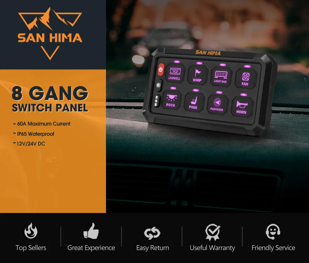 San Hima 8 Gang Bluetooth Switch Panel 12V/24V ON-OFF LED Control For Car Boat